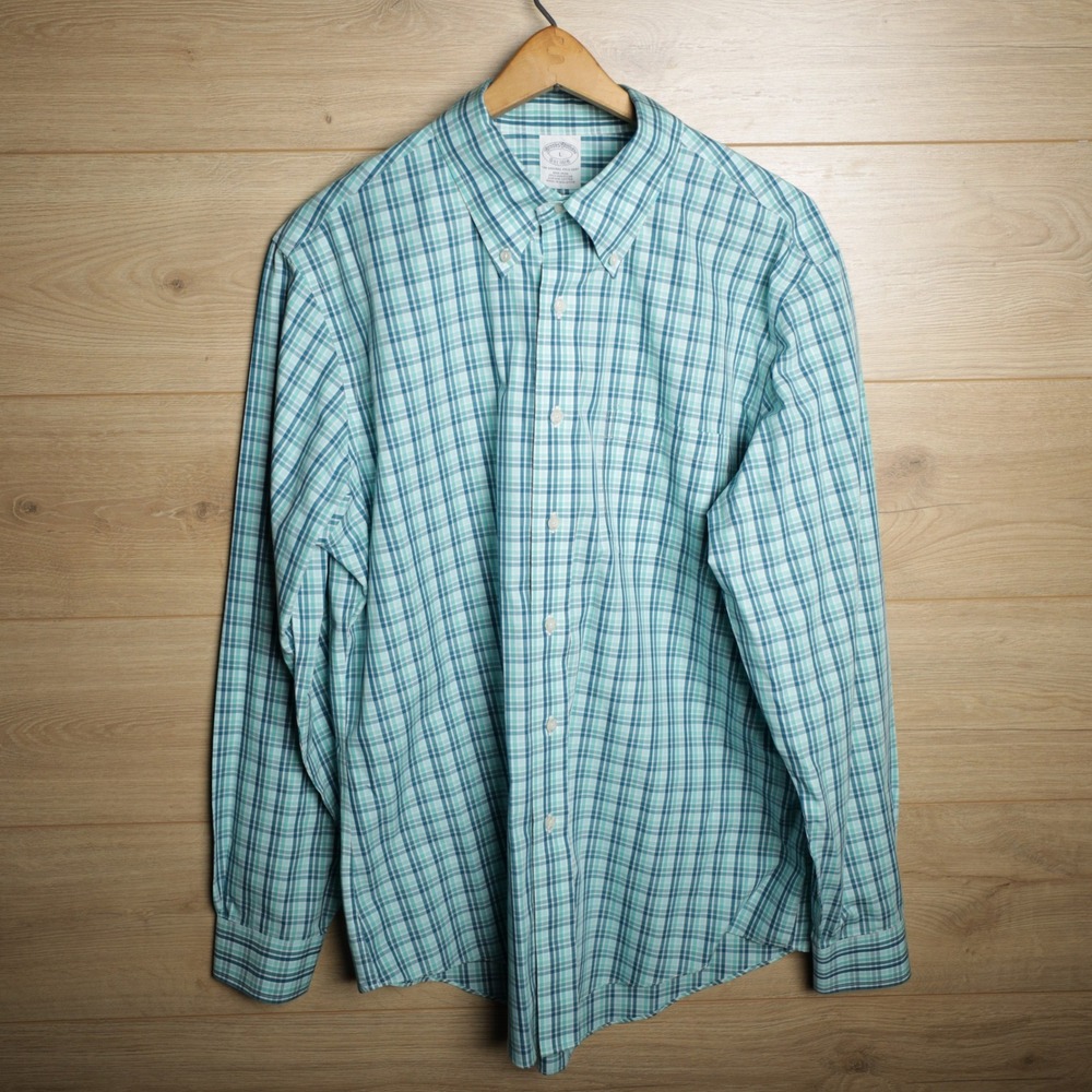 Brooks Brothers Mens Long Sleeve Plaid Button Down‎ Size L Original Polo Green